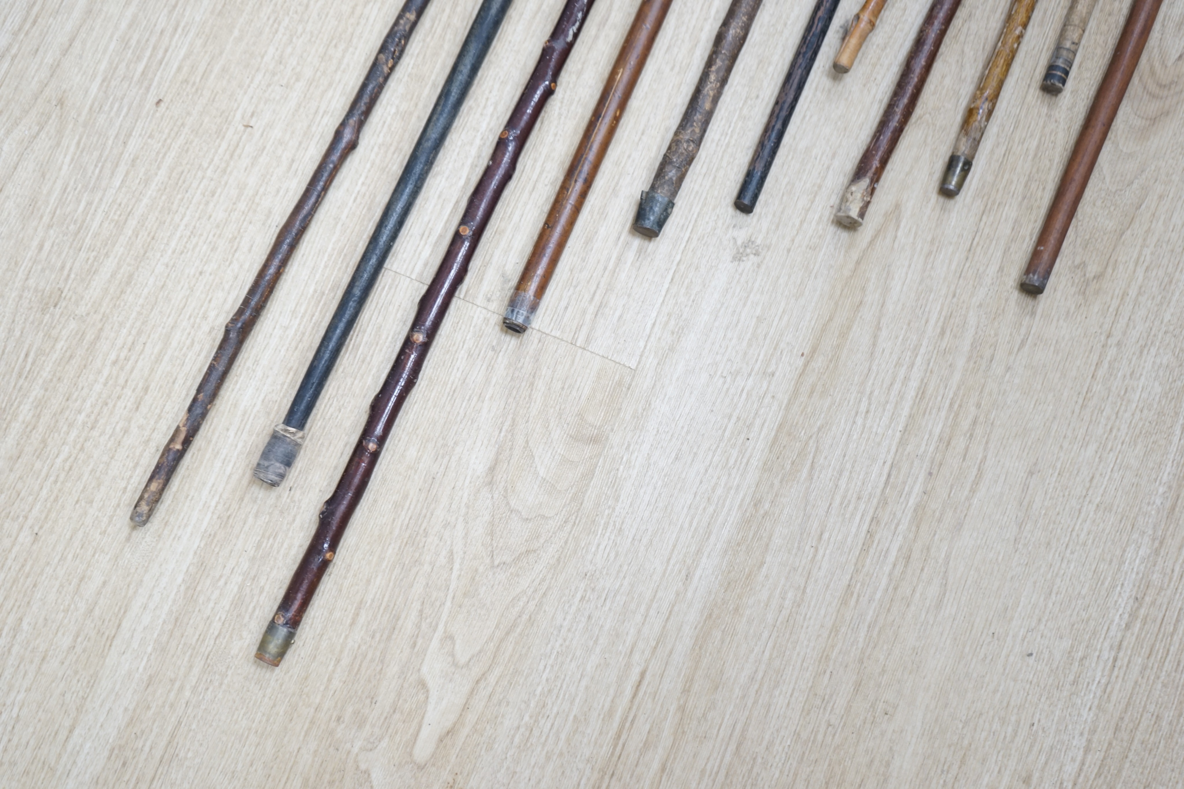 Twelve assorted walking sticks including silver mounted and staghorn handled